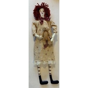 Primitive Style Vintage Rag Doll With Bear Long Legged Girl Raggedy Ann Handmade